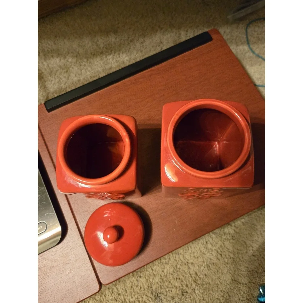Burnt Orange Ceramic Canister Set‎ Embossed Scroll Square Kitchen Storage 2pc